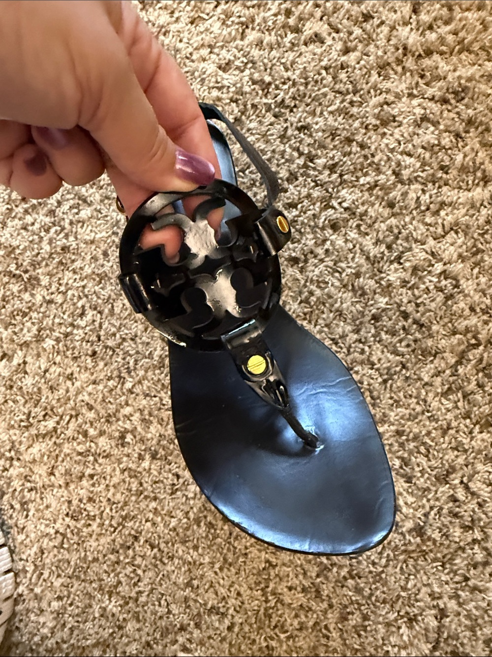 Tory Burch Black Patent Leather Logo Heeled Sandals Size 7.5